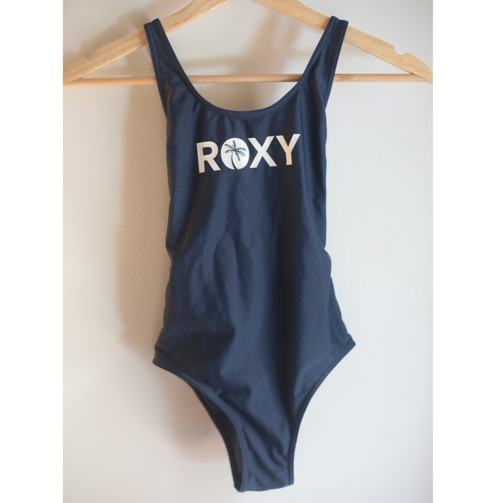 Roxy Girl Navy Blue One Piece Swimsuit Logo Palm Tree Keyhole Back Size 10